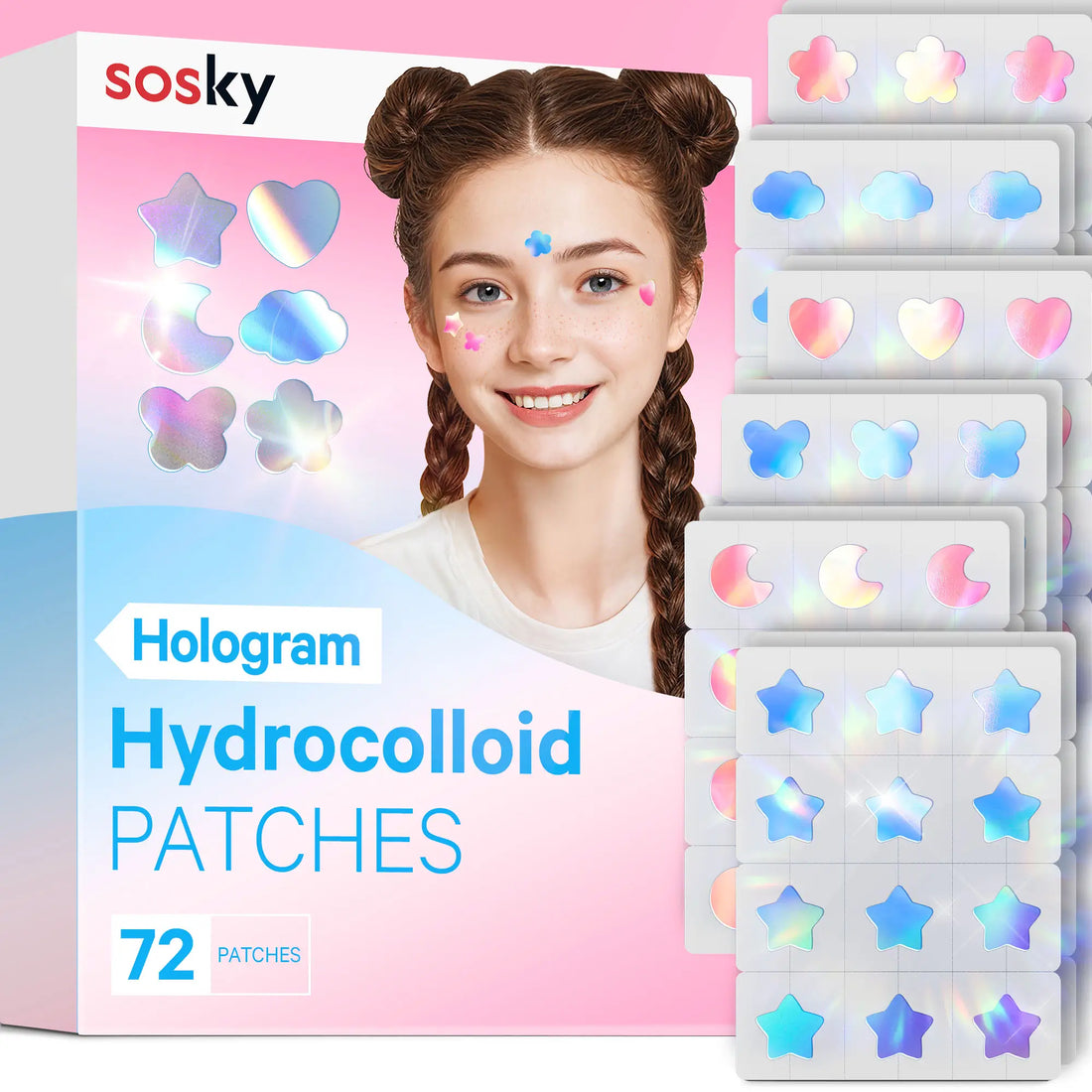 Cute+Hologram Hydrocolloid Pimple Patches--Multi-Shape（72pcs)